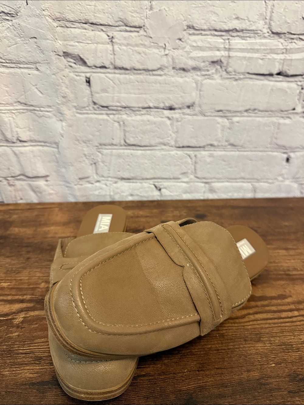 MIA Womens Tan Slip-On Suede-Look Loafers